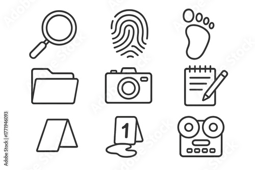 Investigation Line Icons. Line style icons of Investigation: Magnifying Glass, Fingerprint, Footprint, File Folder, Camera,