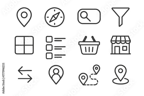 Signboard pin store building shopping navigation icons search arrows vector filter icon