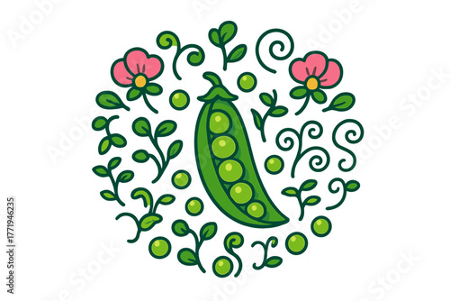 Playful Pea Pod. Pea pod in the center with beans, sprouts, blossoms, and tendrils arranged in circular symmetry, bright colorful