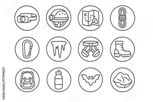 Speleology Icon Set. Line style circular vector icons of Speleology: Headlamp, Helmet, Cave Map, Rope; Carabiner, Stalactite,