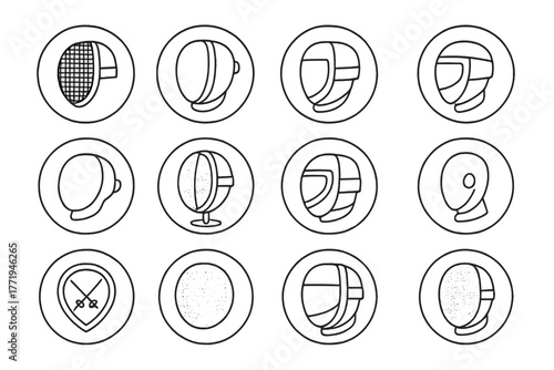 Fencing Mask Icons. Line style icons of fencing masks in round shape: wire mesh mask, padded mask, back strap mask, full face