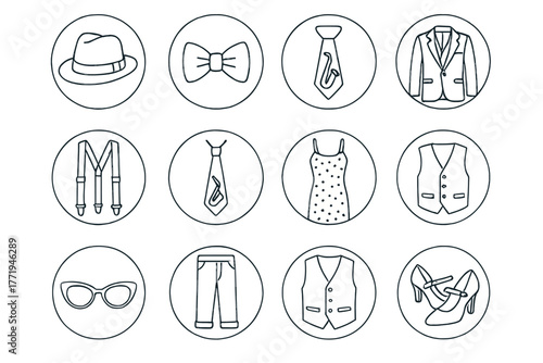 Jazz Fashion Icons. Line style icons of jazz fashion in round shape: fedora hat, bowtie, polished shoes, suspenders; sax tie, jazz