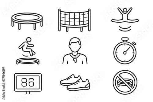 Trampoline Line Icons. Line style icons of Trampoline: Trampoline, Safety Net, Gymnast, Jump, Coach, Stopwatch, Scoreboard, Shoes,