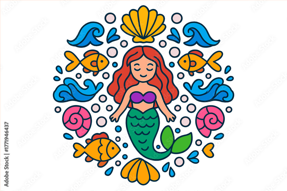 Fototapeta premium Underwater Mermaid Mandala. Mermaid in the center with seashells, pearls, fish, and waves arranged in mystical underwater mandala