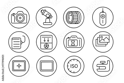 Astrophotography Equipment Icons. Line style round vector icons of Astrophotography: DSLR with Adapter, Star Tracker, Wide Lens,