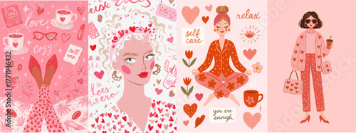 Trendy vector illustration set of women practicing self-care, meditation, and cozy lifestyle. Pink aesthetic design with hearts, coffee, and fashion — perfect for Valentine’s, wellness, or girl power 