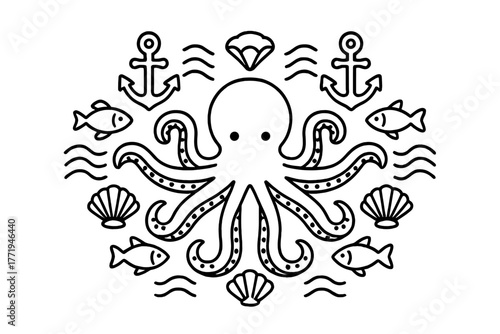 Symmetrical Ocean Creatures. Octopus in the middle with anchors, fish, waves, and shells radiating outward in symmetrical design,