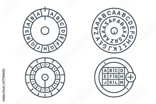 Cipher Tool Icons. Line style icons of cipher tools in round shape: Caesar cipher wheel, letter substitution disk, rotating cipher