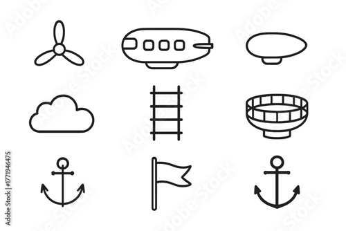 Sky Cruiser Icon Set. Line style icons of Sky Cruiser: Propeller, Passenger Cabin, Gondola, Cloud, Rope Ladder, Observation Deck,