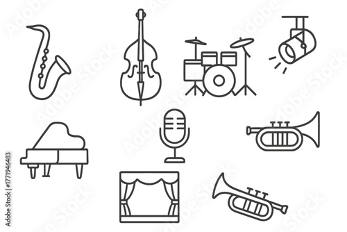 Jazz Club Icons. Line style icons of Jazz Club: Saxophone, Double Bass, Drum Kit, Spotlight, Piano, Microphone, Trumpet, Stage, No