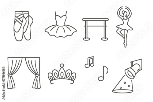 Ballet Icons Collection. Line style icons of Ballet: Pointe Shoes, Tutu, Barre, Pirouette, Stage Curtain, Tiara, Music Note,