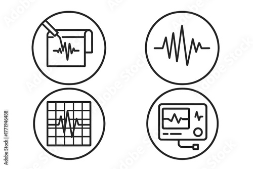 Seismograph Line Icons. Line style icons of seismographs in round shape: shaking needle, seismic wave, graph paper, digital