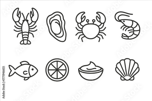Seafood Icon Collection. Line style icons of Seafood Restaurant: Lobster, Oyster, Crab, Shrimp, Fish, Lemon Slice, Sauce Bowl,