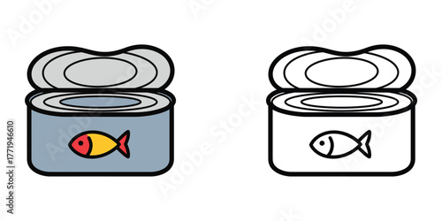 Open tin can with yellow and red fish icon and outline version food pet food