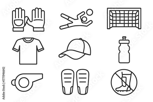 Goalkeeper Line Icons. Line style icons of Goalkeeper: Gloves, Diving Save, Goal Net, Jersey, Cap, Water Bottle, Whistle, Pads, No