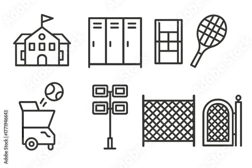 Tennis Club Icons. Line style icons of Tennis Club: Clubhouse, Locker, Court, Racket, Ball Machine, Lights, Fence, Gate, No text,