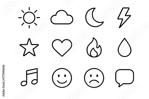 Cloud vector mood lightning sun smile heart tear icon frown icons note
