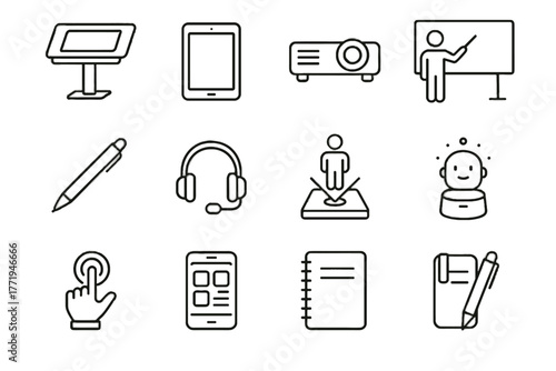 Classroom display icon assistant vector screen desk projector icons pointer headset notebook