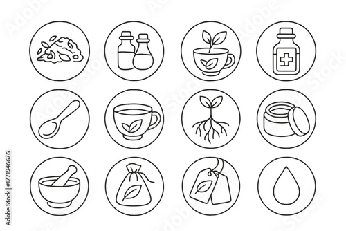 Herbal Medicine Icons. Line style round vector icons of Herbal Medicine: Dried Herbs, Glass Vials, Leaf Extract, Tincture Bottle;