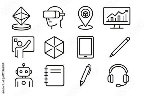 Learning headset notebook ai icons screen holographic immersive icon pen ar vector