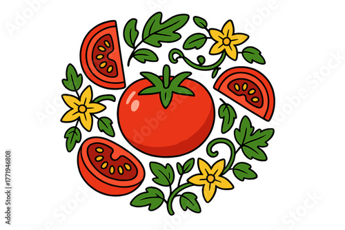 Symmetrical Tomato Art. Tomato in the center with slices, vines, blossoms, and leaves arranged in circular symmetry, bright