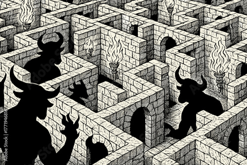 Mythical Labyrinth Scene. Surreal mythological labyrinth with endless corridors, minotaur shadows, torches, and crumbling walls,
