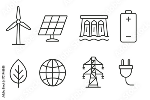 Renewable Energy Icons. Line style icons of Renewable Energy: Wind Turbine, Solar Cell, Hydroelectric Dam, Battery, Leaf, Globe,