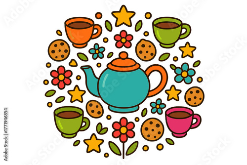 Teapot Mandala Art. Teapot in the center with cups, cookies, stars, and flowers forming a comforting mandala design, bright