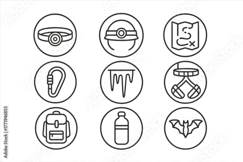 Speleology Icon Set. Line style circular vector icons of Speleology: Headlamp, Helmet, Cave Map, Rope; Carabiner, Stalactite,