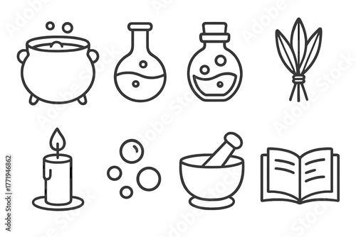 Potion Brewing Icons. Line style icons of Potion Brewing: Cauldron, Flask, Bottle, Herb Bundle, Candle, Bubbles, Mortar and Pestle