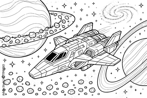 Futuristic Spaceship Adventure. Futuristic spaceship flying past giant planets with asteroid belts, stars, and glowing galaxies,