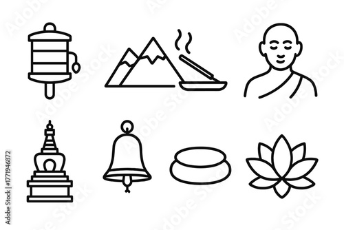 Mountain Monastic Icons. Line style icons of Mountain Monastic Life: Prayer Wheel, Mountain Peak, Incense, Monk, Stupa, Bell,