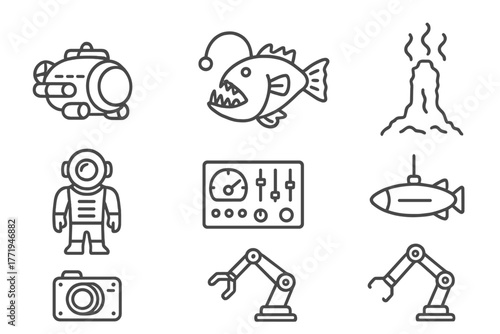 Deep Sea Icons. Line style icons of Deep Sea Exploration: Submersible, Lantern Fish, Hydrothermal Vent, Diving Suit, Control Panel