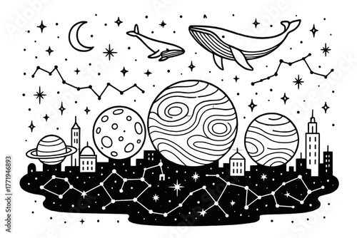 Cosmic Cityscape. Surreal cosmic city with planets as buildings, glowing constellations as streets, and space whales flying above,