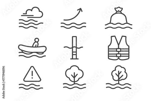 Flash Flood Icons. Line style icons of Flash Flood: Fast Current, Rising Water, Sandbag, Rescue Boat, High Water Mark, Life Jacket