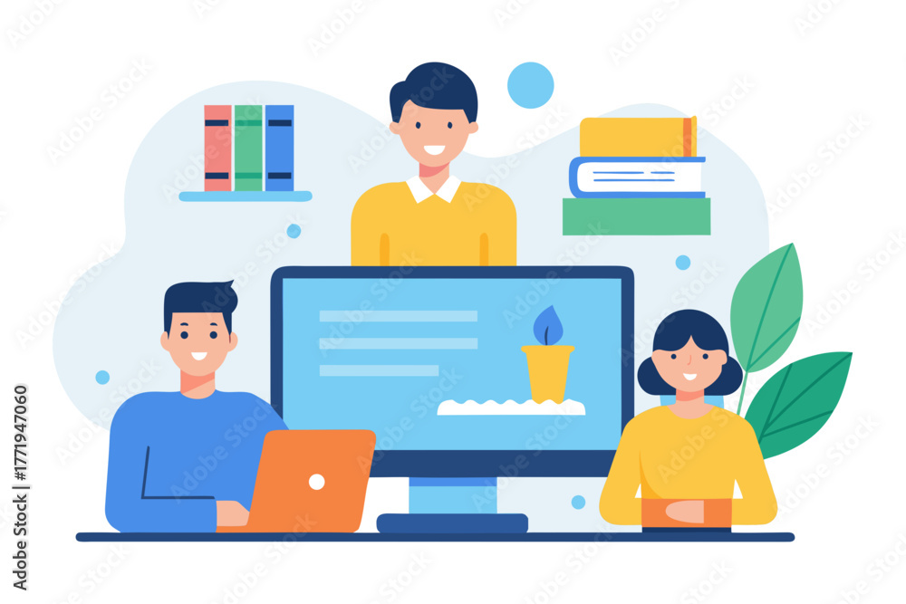 Fototapeta premium Diverse group of people learning and collaborating online with books and computer silhouette isolated on white background