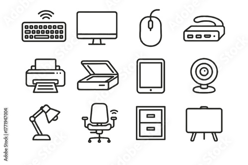 Technology filing webcam printer mouse icon scanner vector desk whiteboard icons office