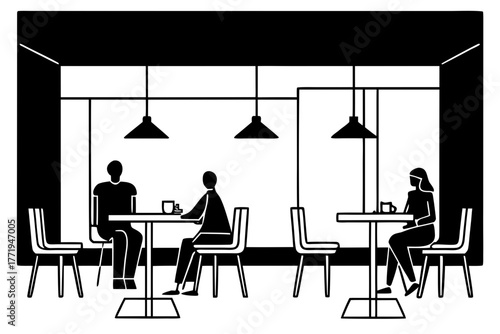 People enjoying drinks at tables in a minimalist cafe silhouette isolated on white background