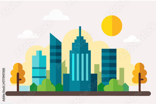 Modern cityscape with tall buildings trees and sun silhouette isolated on white background