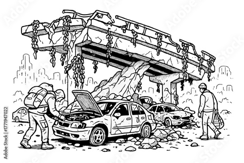 Overgrown Ruins Scene. Collapsed highway overpass with vines growing, destroyed cars, and scavengers searching for supplies, black