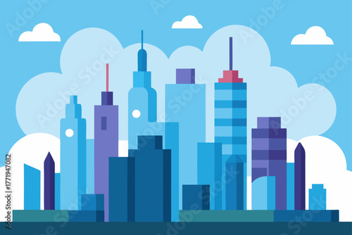 Modern cityscape skyline with tall buildings and clouds silhouette isolated on white background