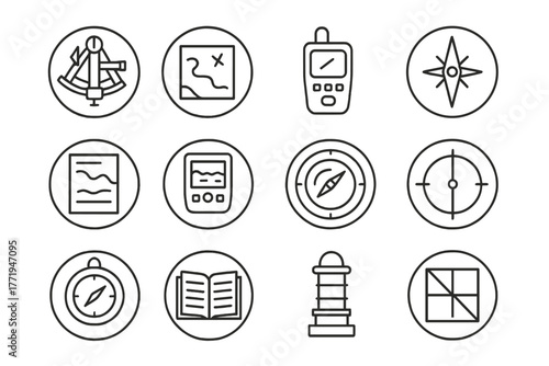 Navigation Tools Icons. Line style round vector icons of Navigation Tools: Sextant, Nautical Chart, GPS Device, Compass Needle;