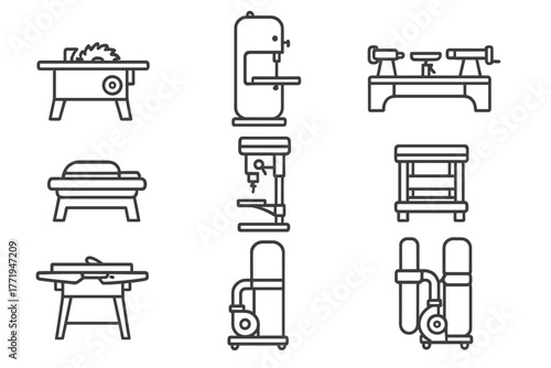 Woodshop Machine Icons. Line style icons of Woodshop machines: table saw, band saw, lathe, sander, drill press, planer, jointer,