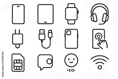 Smartphone modern card cable usb icons vector protective icon sim touchscreen headphones
