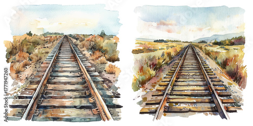 railroad track lanscape watercolor vector illustration