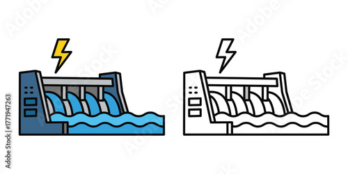 Blue hydroelectric dam with flowing water and yellow lightning bolt icon power