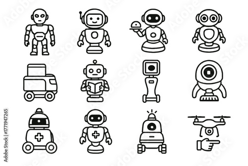 Guide medical icons assistant robot vector humanoid icon futuristic drone security cleaning