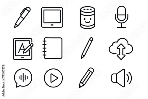 Vector recording notebook icon audio learning pencil handwriting digital pen icons sync