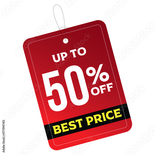 Red sale tag with up to 50 off best price offer vector illustration for retail promotion and discount advertising
