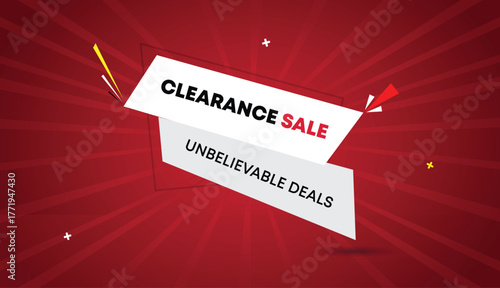 clearance sale unbelievable deals web banner vector art template design badge icon label white gray shapes black deep red bold text dark red light sun shine abstract business background